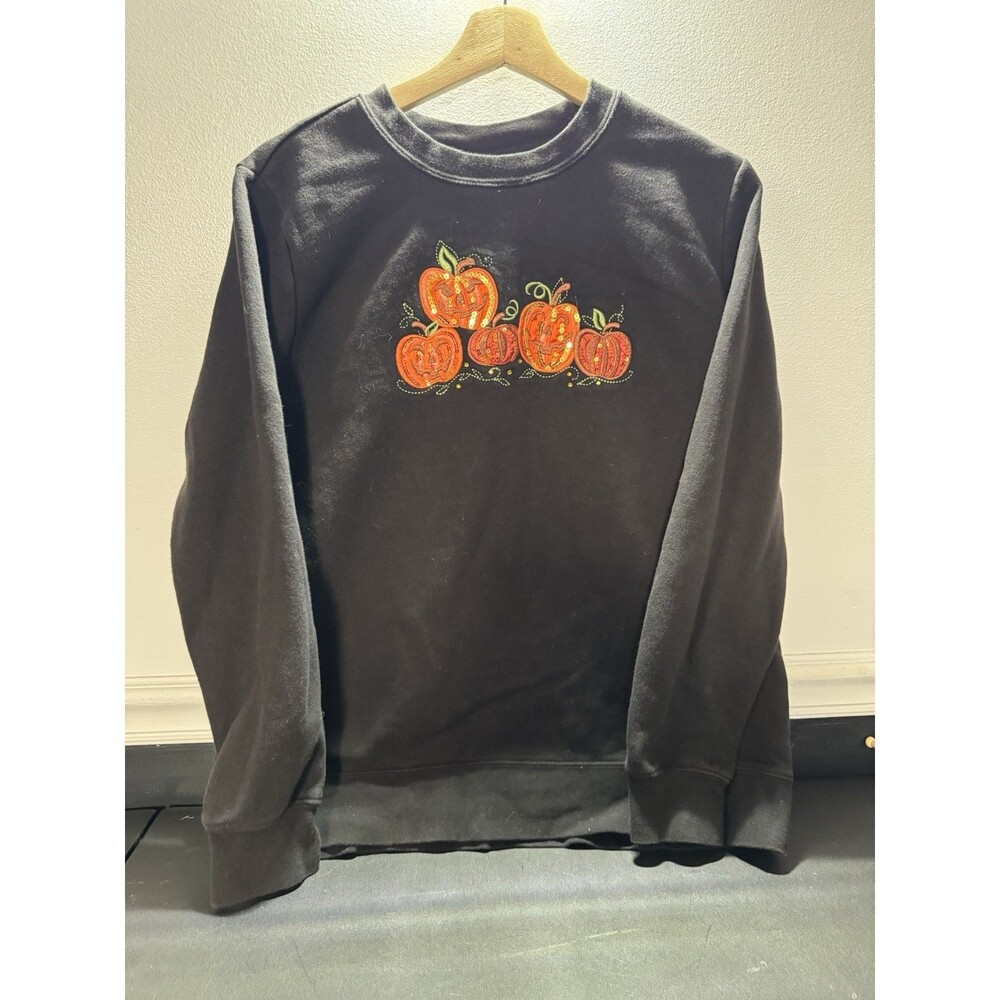 Vintage Halloween pullover sweatshirt womens large L black pumpkin jackolantern